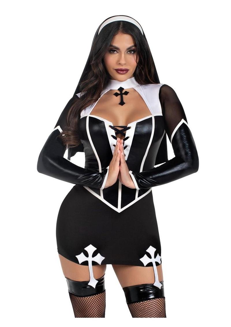 Conjunto de dos piezas de Leg Avenue Holy Hottie: vestido con liga, detalles cruzados y hábito de monja (talla M), negro y blanco