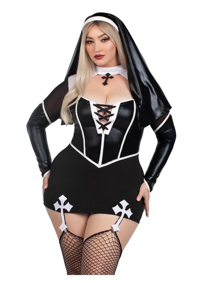 Conjunto de lencería Leg Avenue Holy Hottie con liga, detalles cruzados y hábito de monja (2 piezas) - 3X/4X - Negro/Blanco