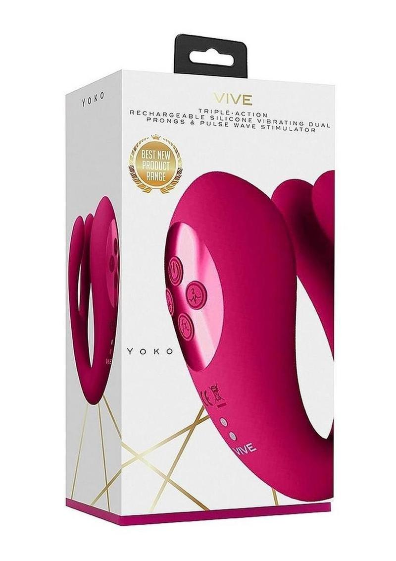 Vibrador recargable de silicona Vive YOKO con doble punta y ondas de pulso para el clítoris - Rosa