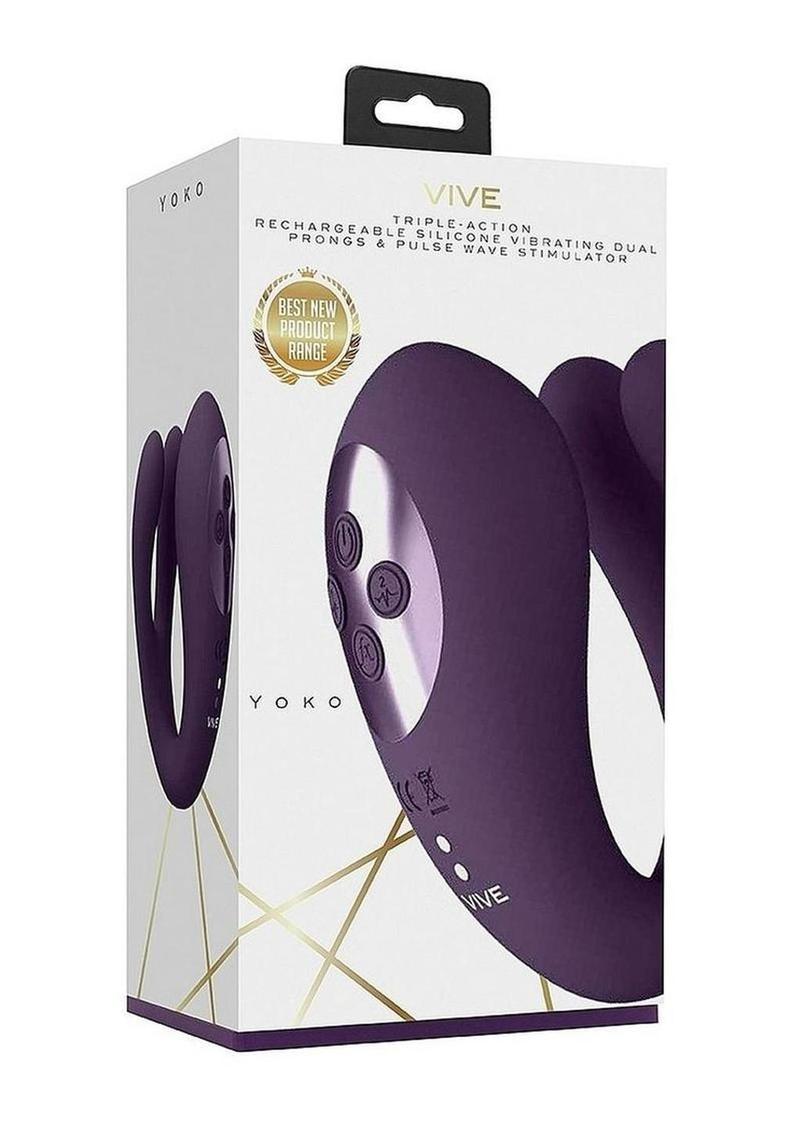 Vibrador recargable de silicona Vive YOKO con doble punta y ondas de pulso para el clítoris - Morado