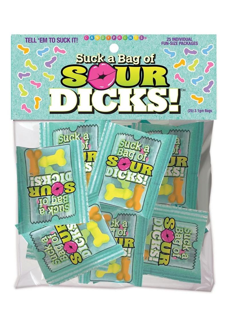 Bolsa de caramelos "Suck A Bag Of Sour Dicks" de Candyprints, sabores surtidos (25 paquetes por bolsa)
