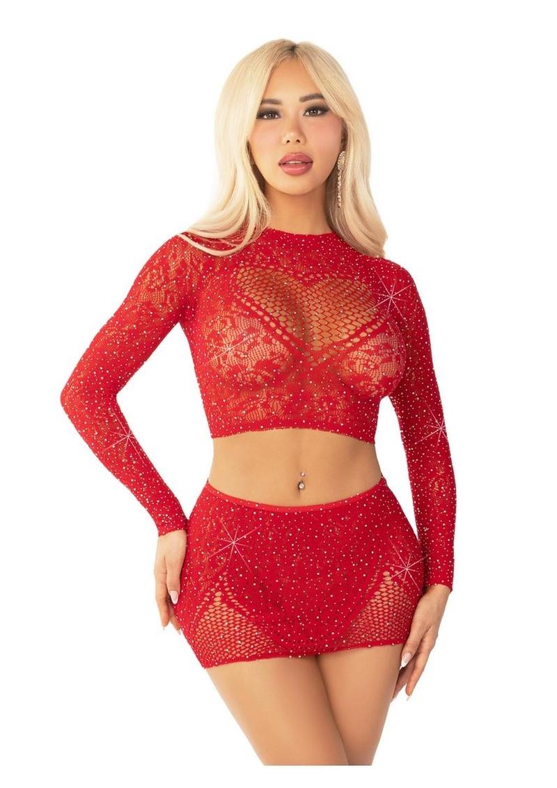 Leg Avenue Top corto de encaje y red con diamantes de imitación, detalle de abertura en forma de corazón y minifalda (2 piezas) - OS - Rojo