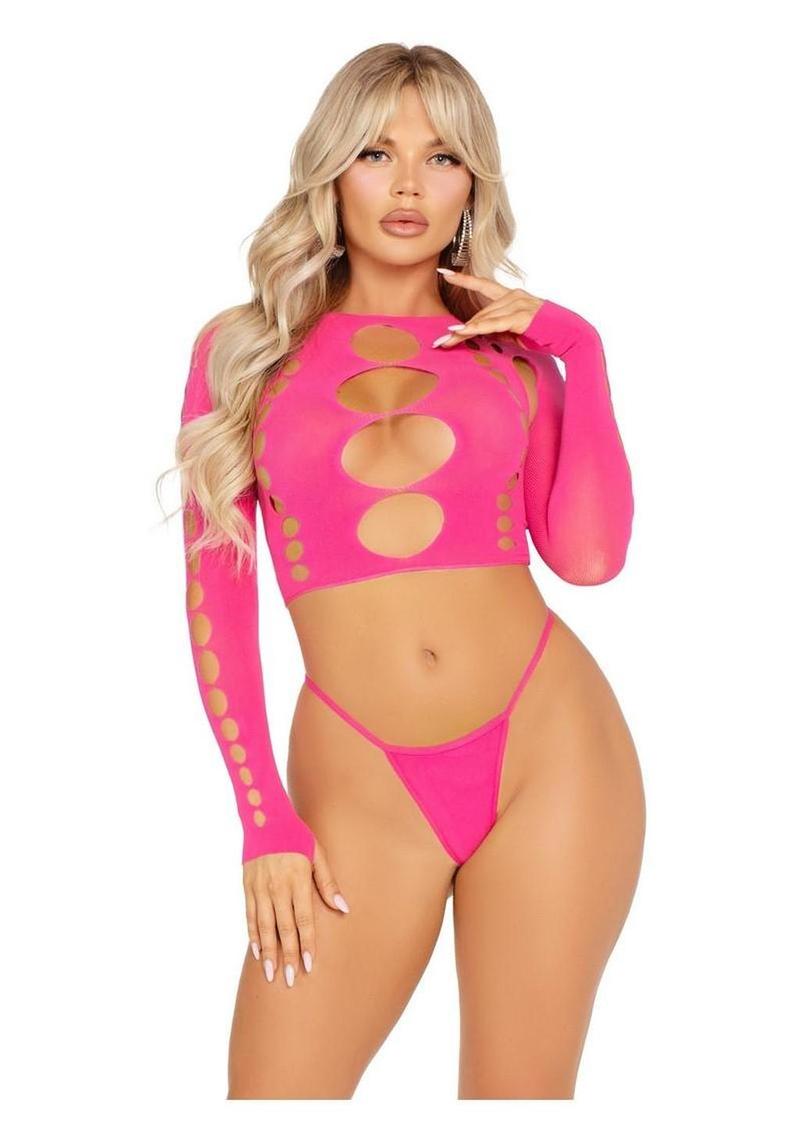 Leg Avenue - Top corto de manga larga sin costuras con aberturas y tanga - Rosa - Talla única