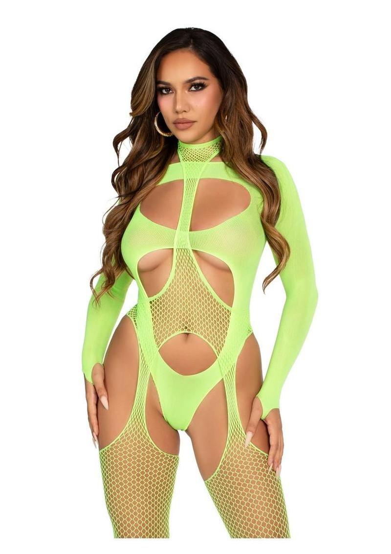 Bodystocking de red con tirantes tipo halter y body con aberturas opacas en capas Leg Avenue (2 piezas) - Verde - Talla única
