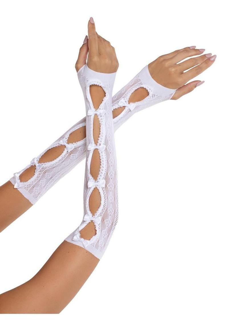 Calentadores de brazos Leg Avenue con abertura en forma de corazón y rayas con detalles de lazos pequeños - Talla única - Blanco
