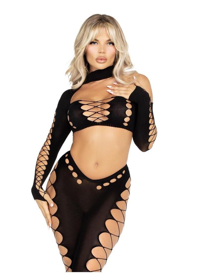Leg Avenue - Top corto asimétrico sin costuras con aberturas y medias sin pies - Negro - Talla única