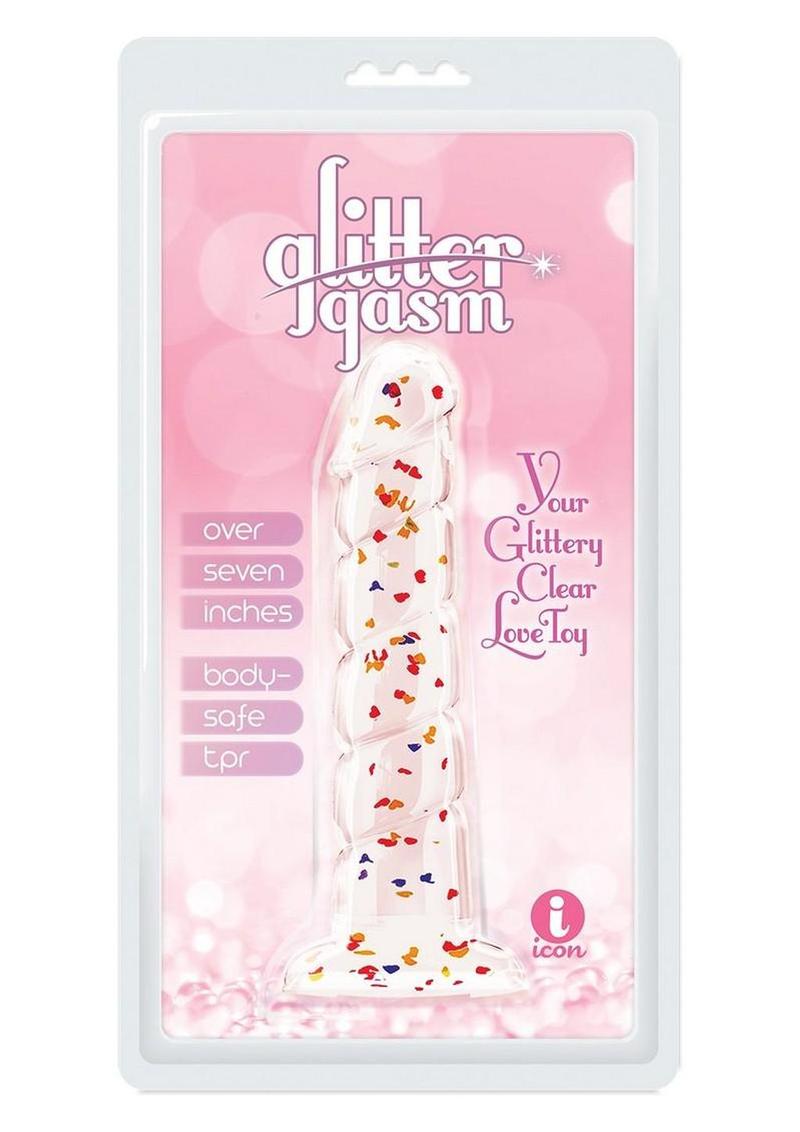 Glittergasm Swirl Clear Dildo with Suction Cup - Orange/Red/Golden Glitter
