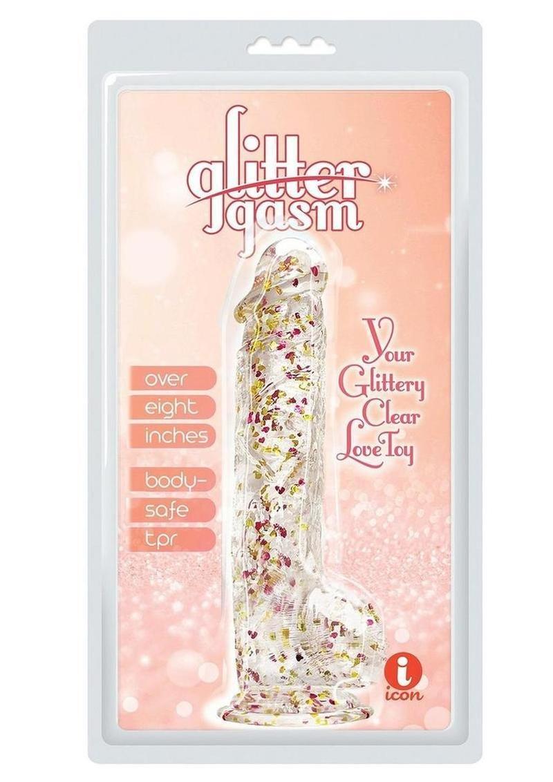 Glittergasm Realistic Clear Dildo with Balls and Suction Cup - Red/Orange/Golden Glitter