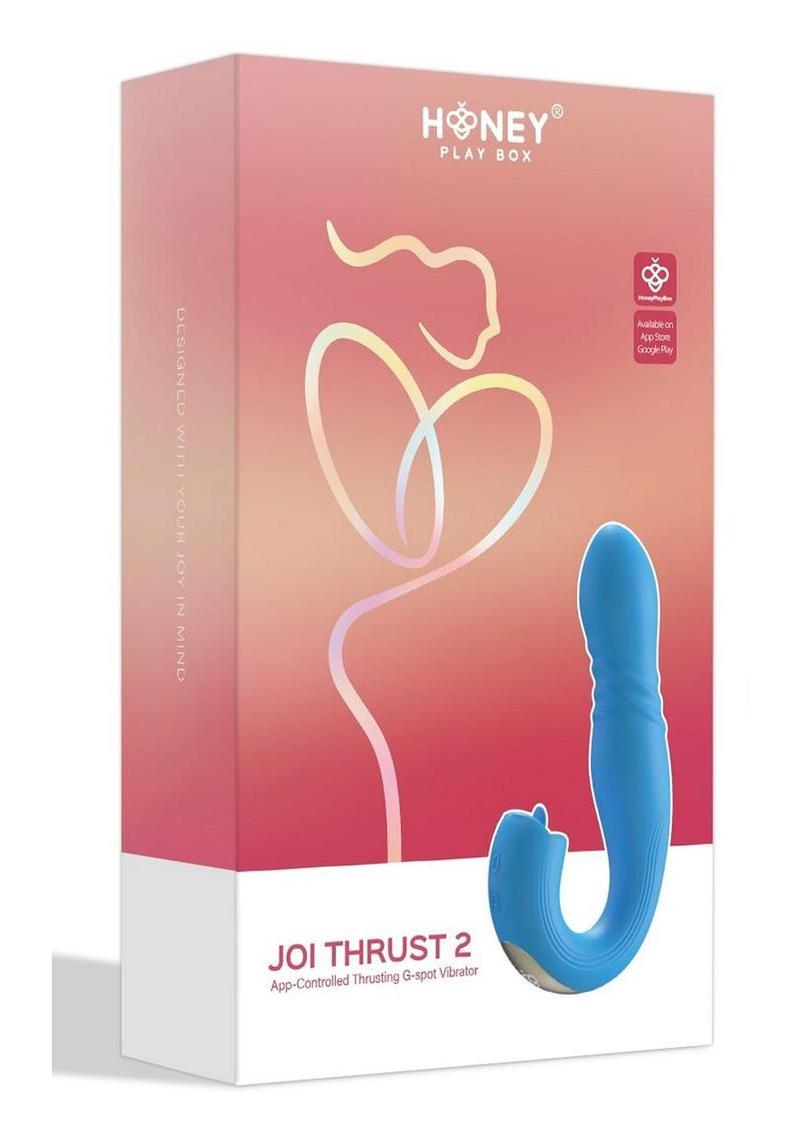 Vibrador Joi Thrust 2 de silicona recargable con sensor de presión, controlado por aplicación, que estimula el punto G y lame clítoris con lengua - Azul/Dorado