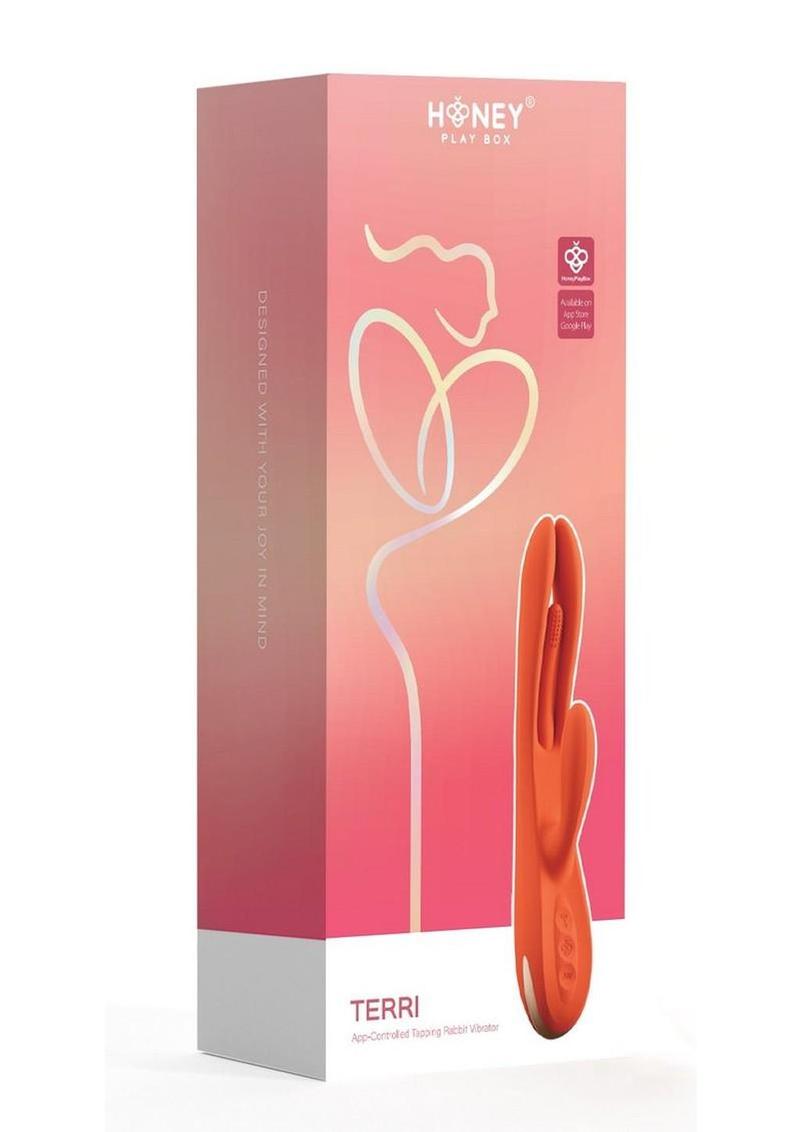 Vibrador de conejo con pulsaciones de dedos Terri, controlado por app, color naranja y dorado