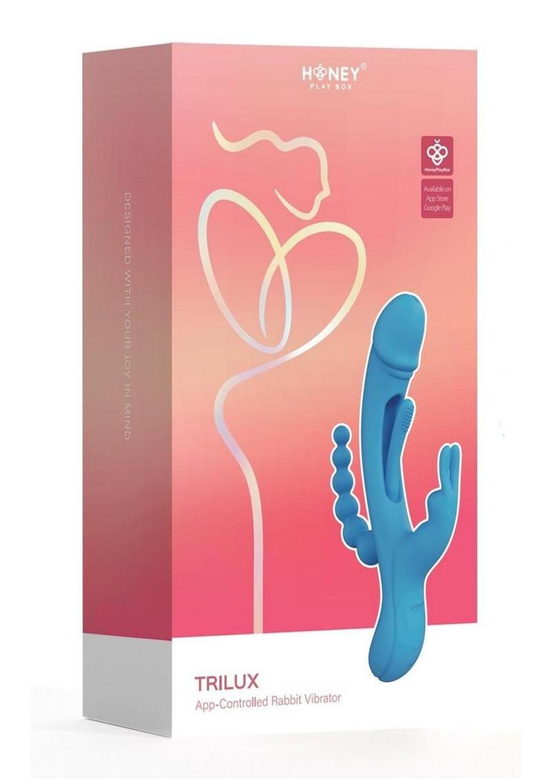 Vibrador de silicona recargable Trilux Kinky Finger con forma de conejo y bolas anales - Azul