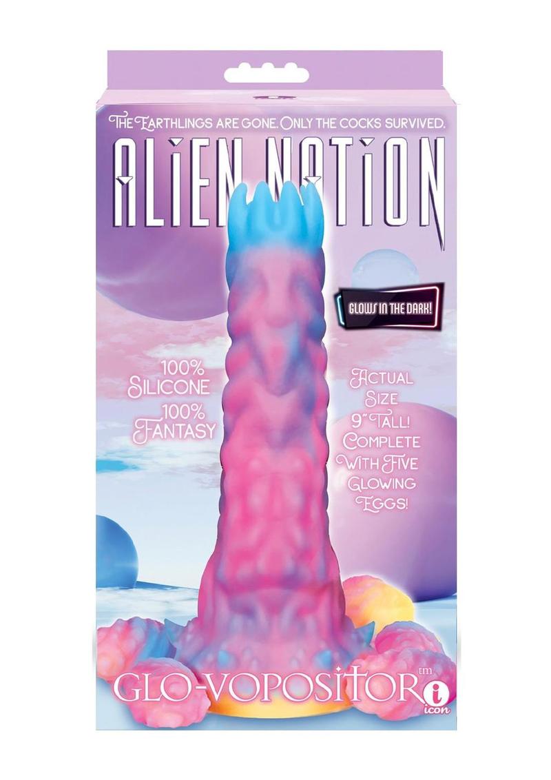 Consolador de silicona Glo-Vopositor de Alien Nation que brilla en la oscuridad con huevos - Rosa/Azul